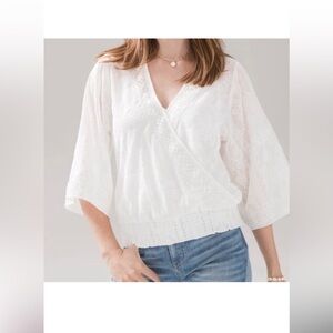WHBM white embroidered top with 3/4 sleeves, shirred waist, sz S